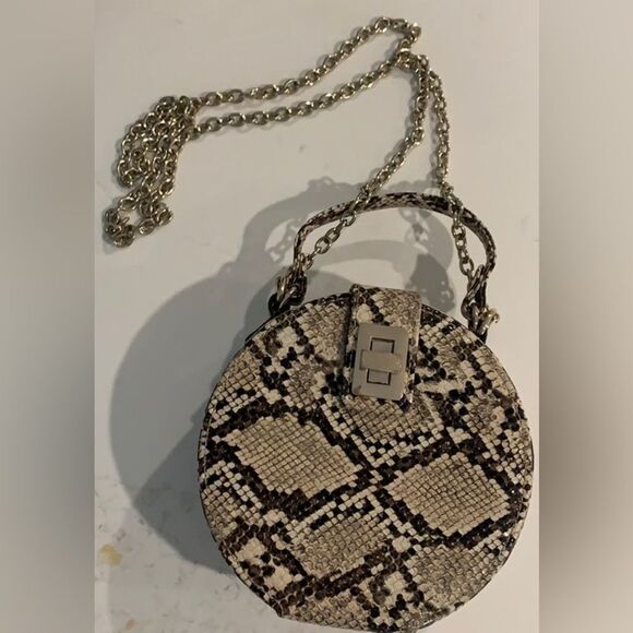 Zara Snakeskin Round Crossbody Bag Gold Chain & Handle Brown Beige Black Lined - Picture 5 of 17